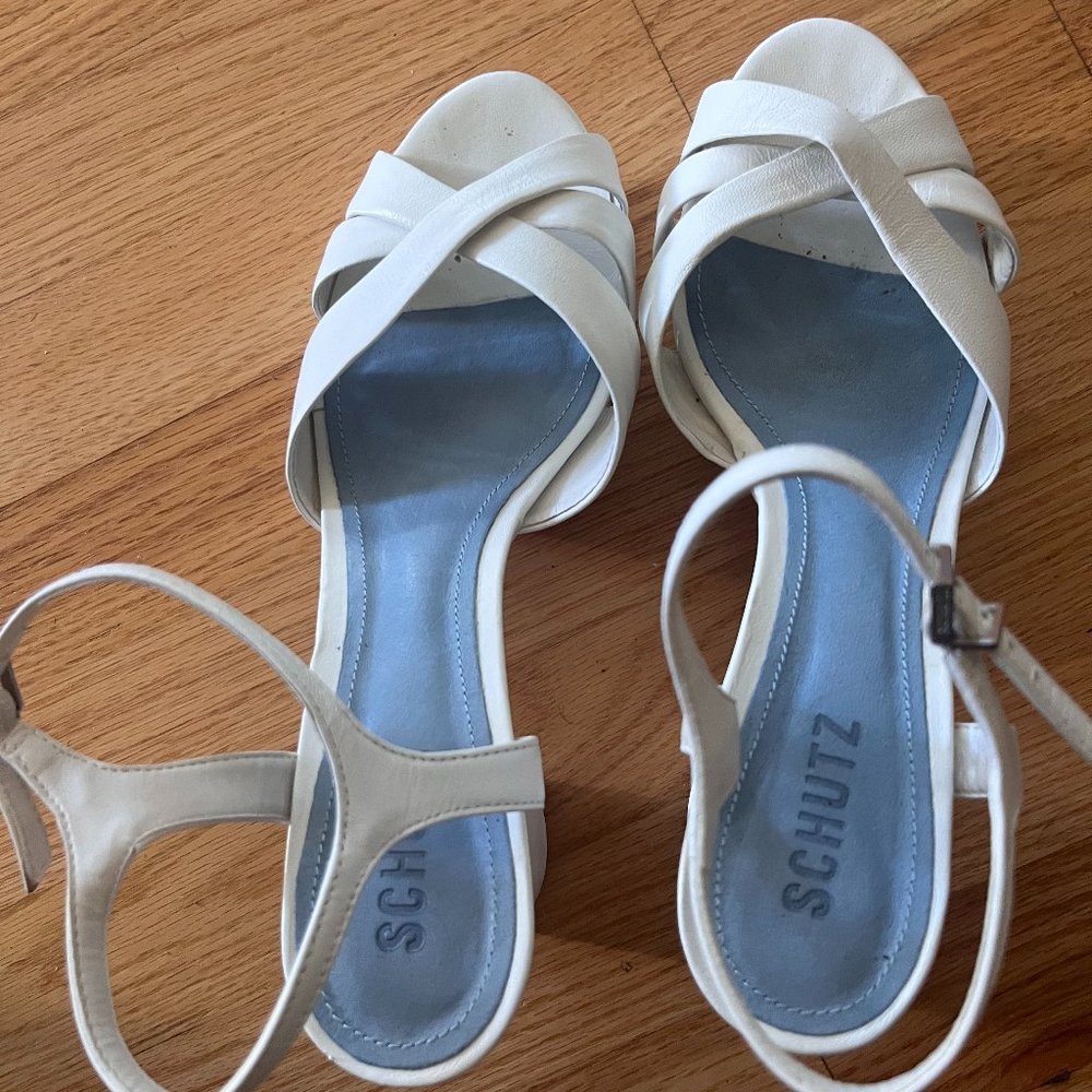 White high heels: SCHUTZ Women's Keefa Ankle Strap Platform Sandals